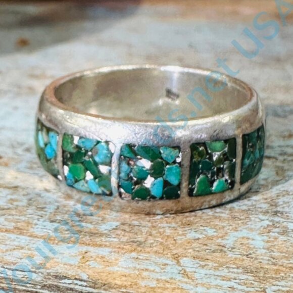 Vintage Smooth Sterling Silver Band Ring Turquoise Mosaic Size 9.5 - Picture 2 of 5